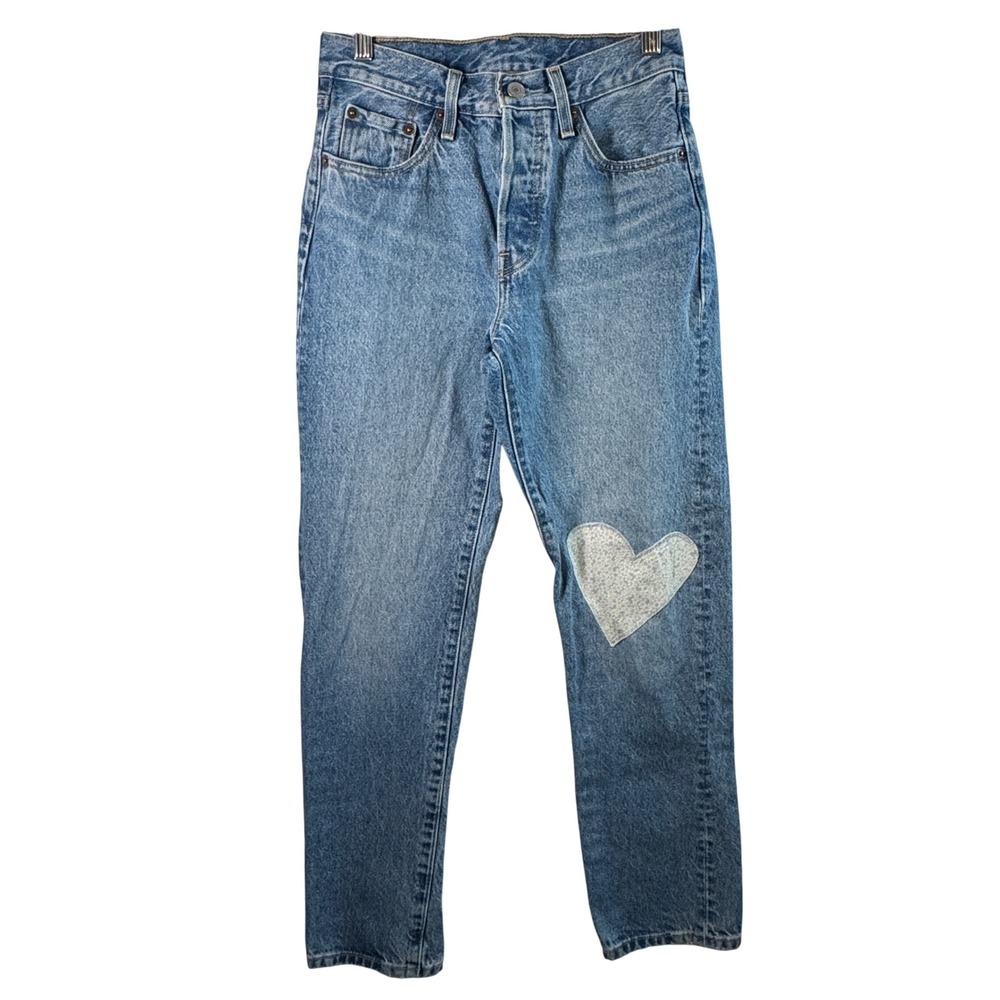Levis 501 Original 150th Jeans Heart Patch Blue Denim W25 L30 High Rise Straight
